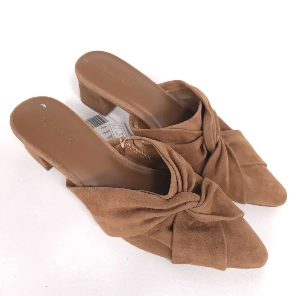 Splendid New Lanis GENUINE SUEDE LEATHER Mules 8.5 M Caramel Knot Heeled Pointed